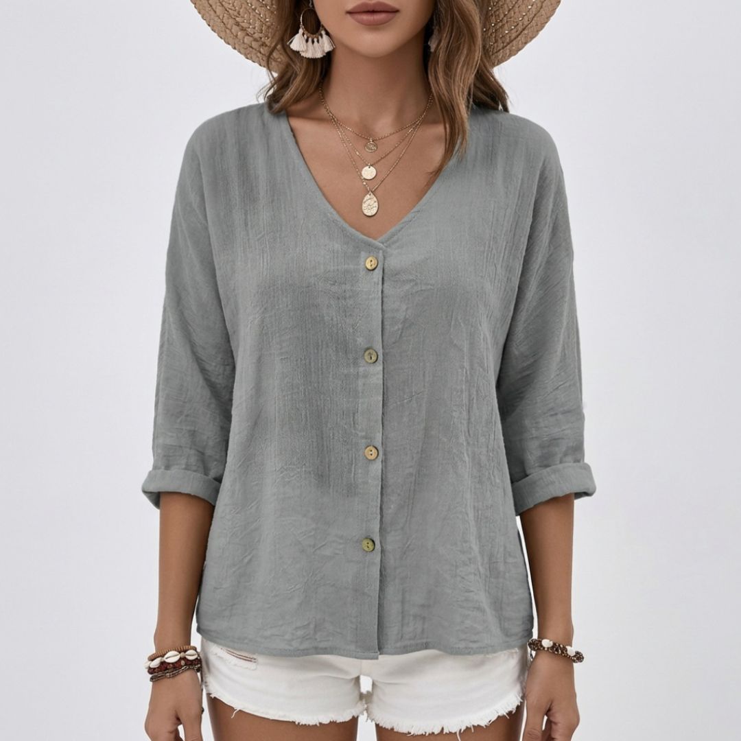 Women's Linen Blouse with V-Neck