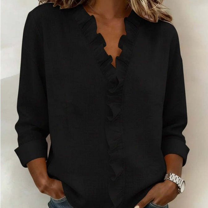 Women's Linen Blouse with V-Neck and Ruffle Trim