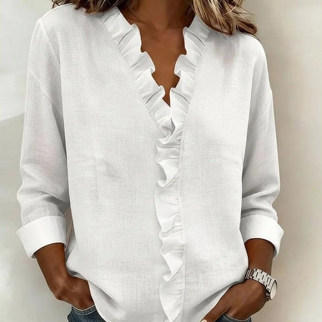 Women's Linen Blouse with V-Neck and Ruffle Trim