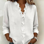Women's Linen Blouse with V-Neck and Ruffle Trim