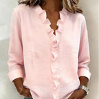 Women's Linen Blouse with V-Neck and Ruffle Trim