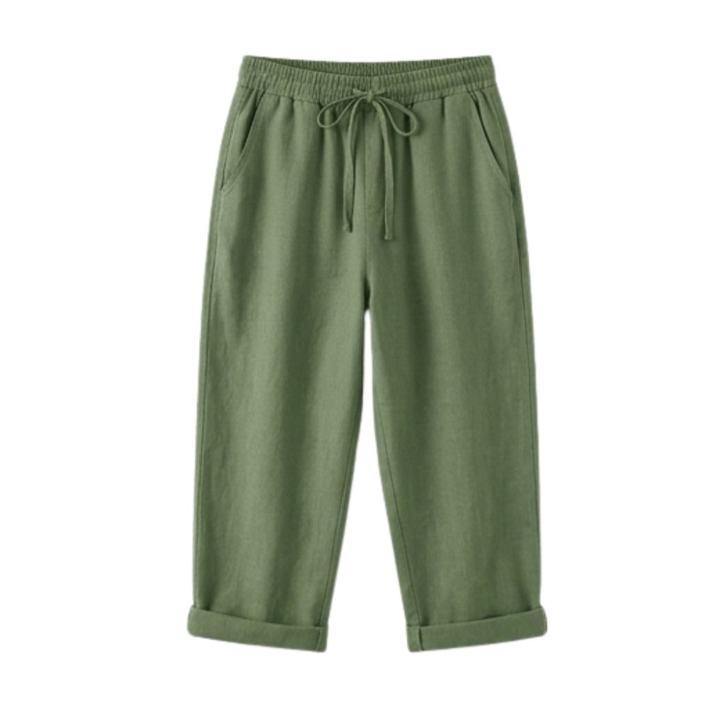 Women's Linen Cropped Trousers with Pockets and Drawstring