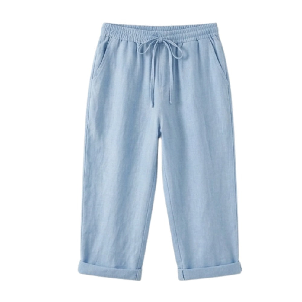 Women's Linen Cropped Trousers with Pockets and Drawstring