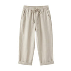 Women's Linen Cropped Trousers with Pockets and Drawstring
