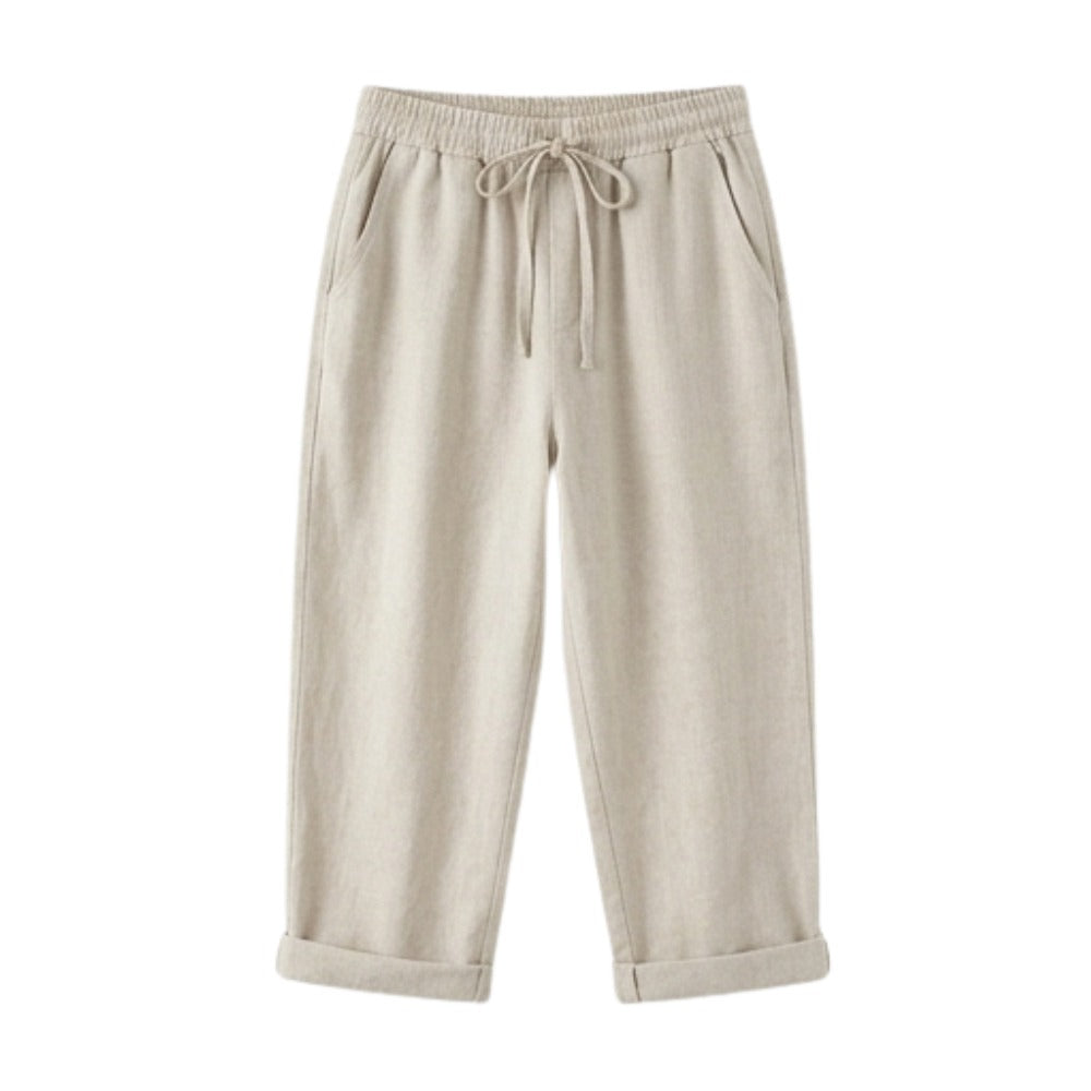 Women's Linen Cropped Trousers with Pockets and Drawstring