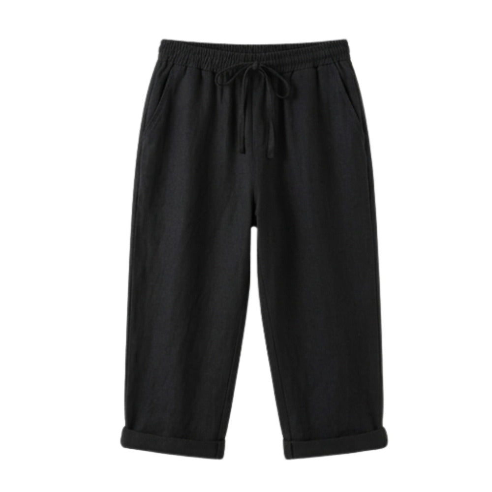 Women's Linen Cropped Trousers with Pockets and Drawstring