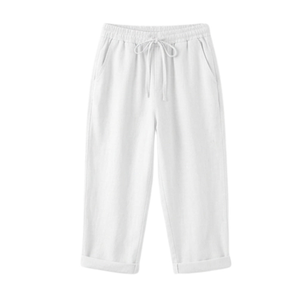 Women's Linen Cropped Trousers with Pockets and Drawstring