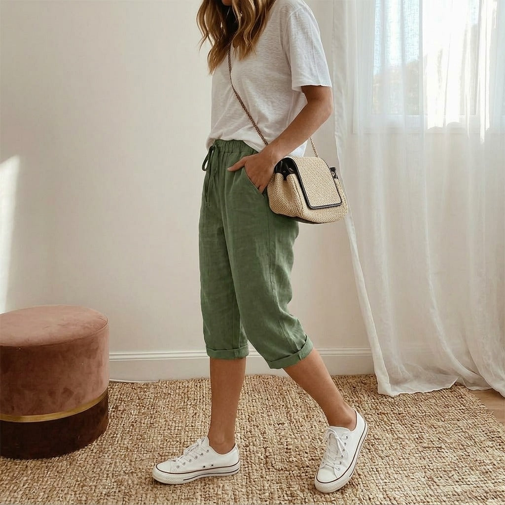 Women's Linen Cropped Trousers with Pockets and Drawstring