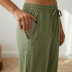 Women's Linen Cropped Trousers with Pockets and Drawstring