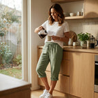 Women's Linen Cropped Trousers with Pockets and Drawstring