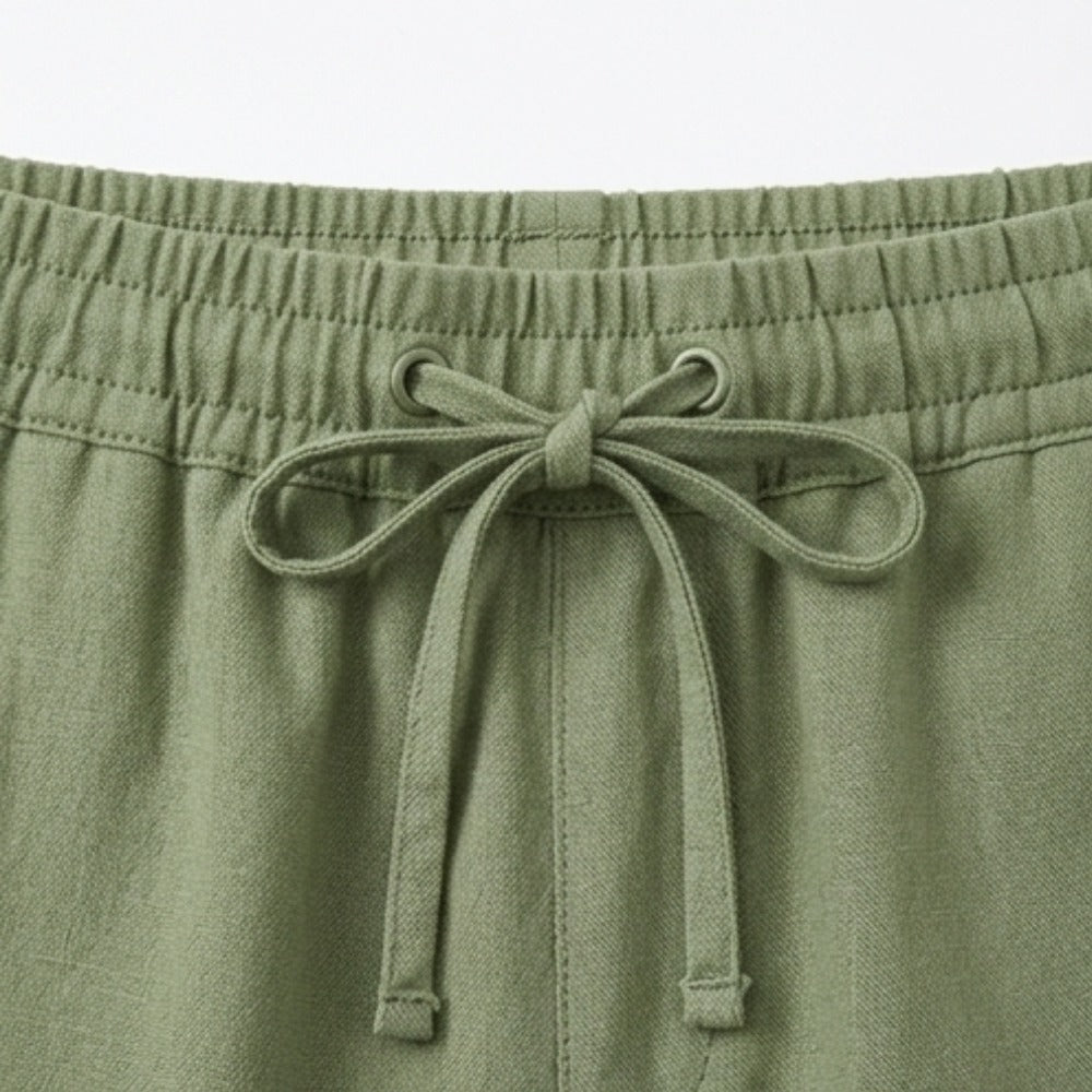 Women's Linen Cropped Trousers with Pockets and Drawstring
