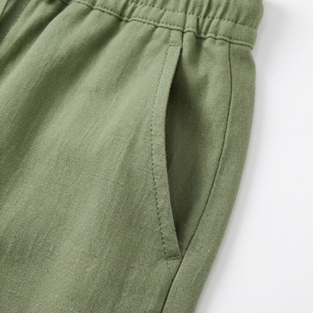 Women's Linen Cropped Trousers with Pockets and Drawstring