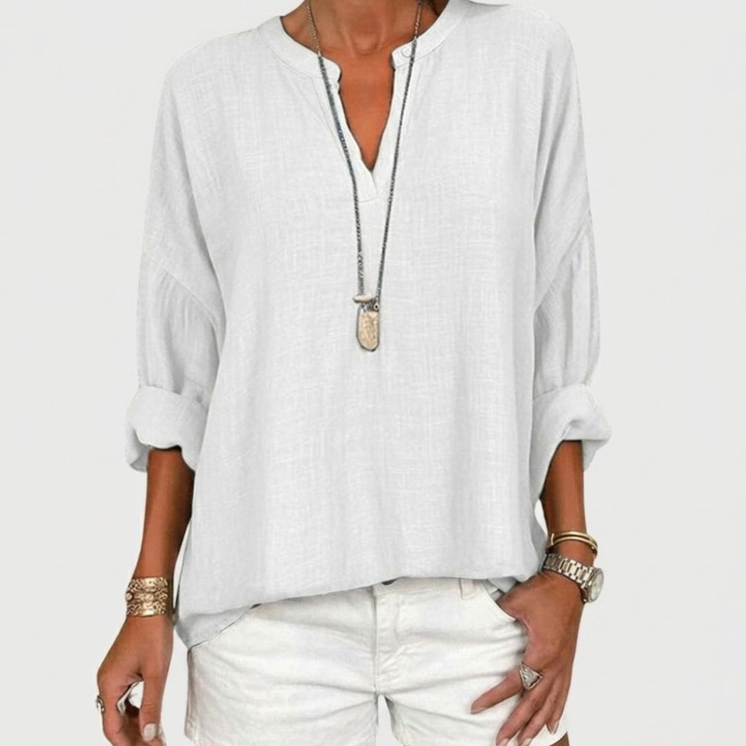 Women's Linen Oversized Blouse with V-Neck