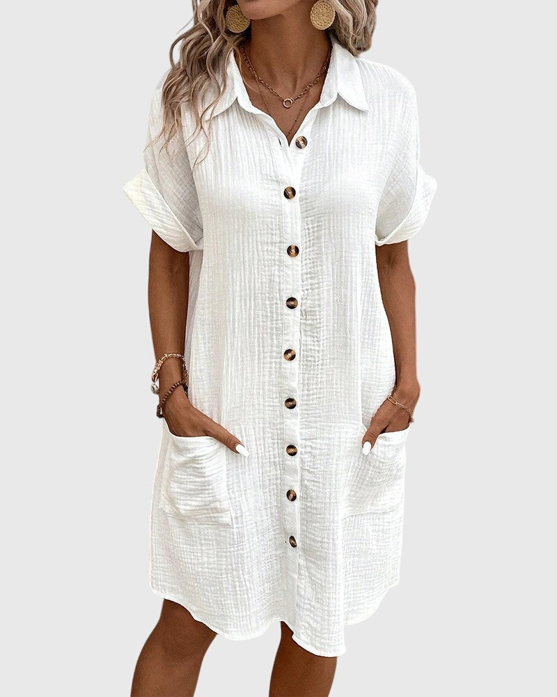 Women's Linen Shirt Dress with Button Front and Pockets