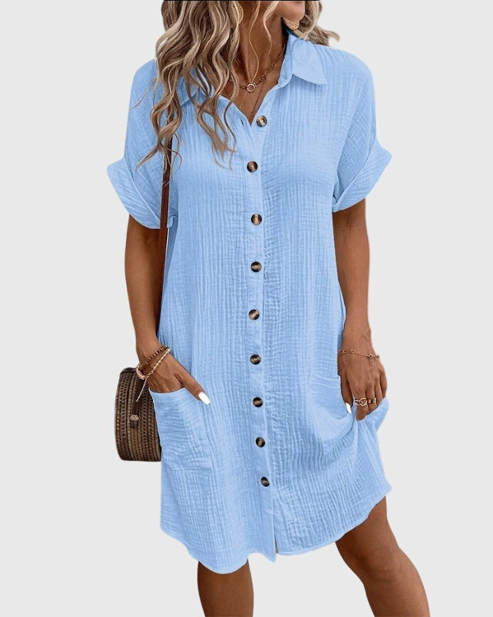 Women's Linen Shirt Dress with Button Front and Pockets