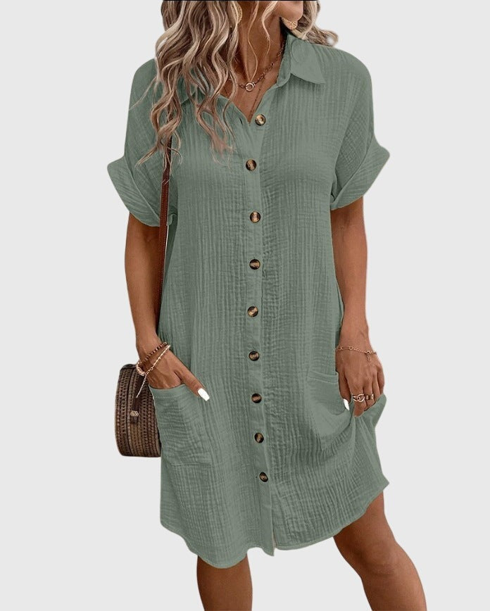 Women's Linen Shirt Dress with Button Front and Pockets