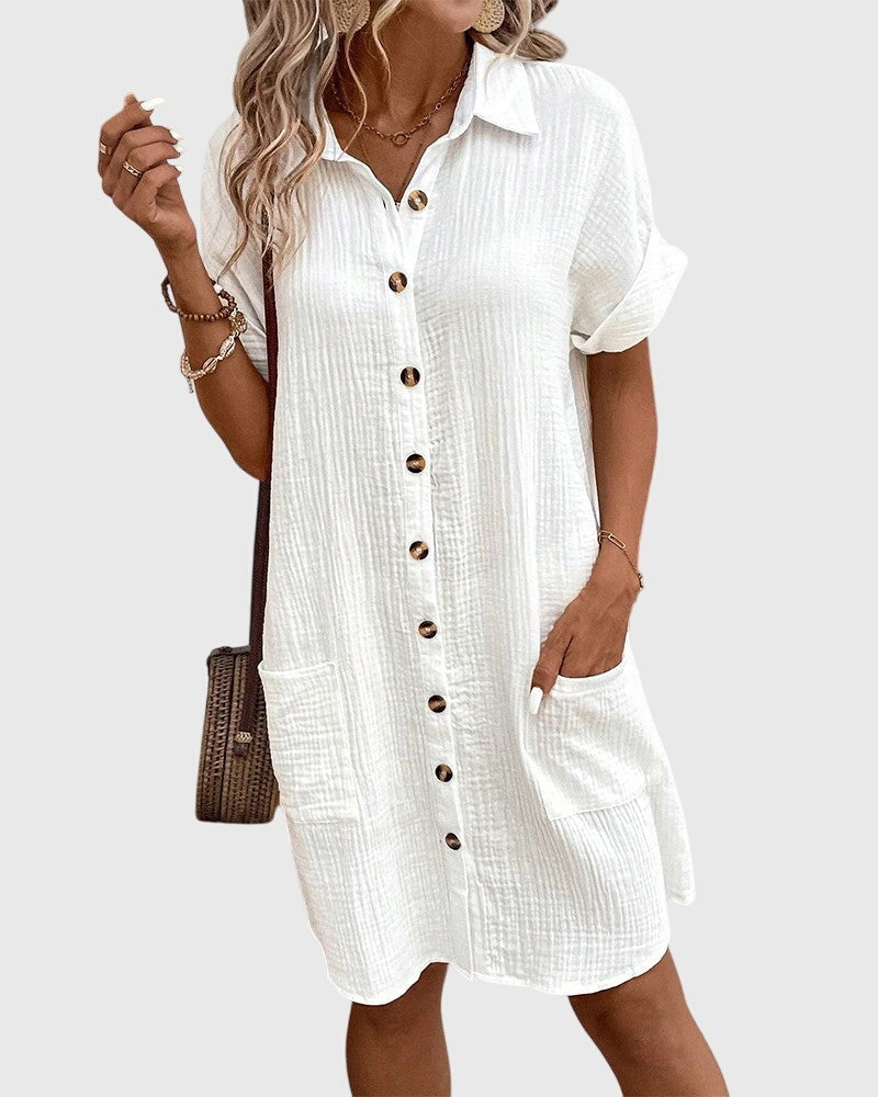 Women's Linen Shirt Dress with Button Front and Pockets