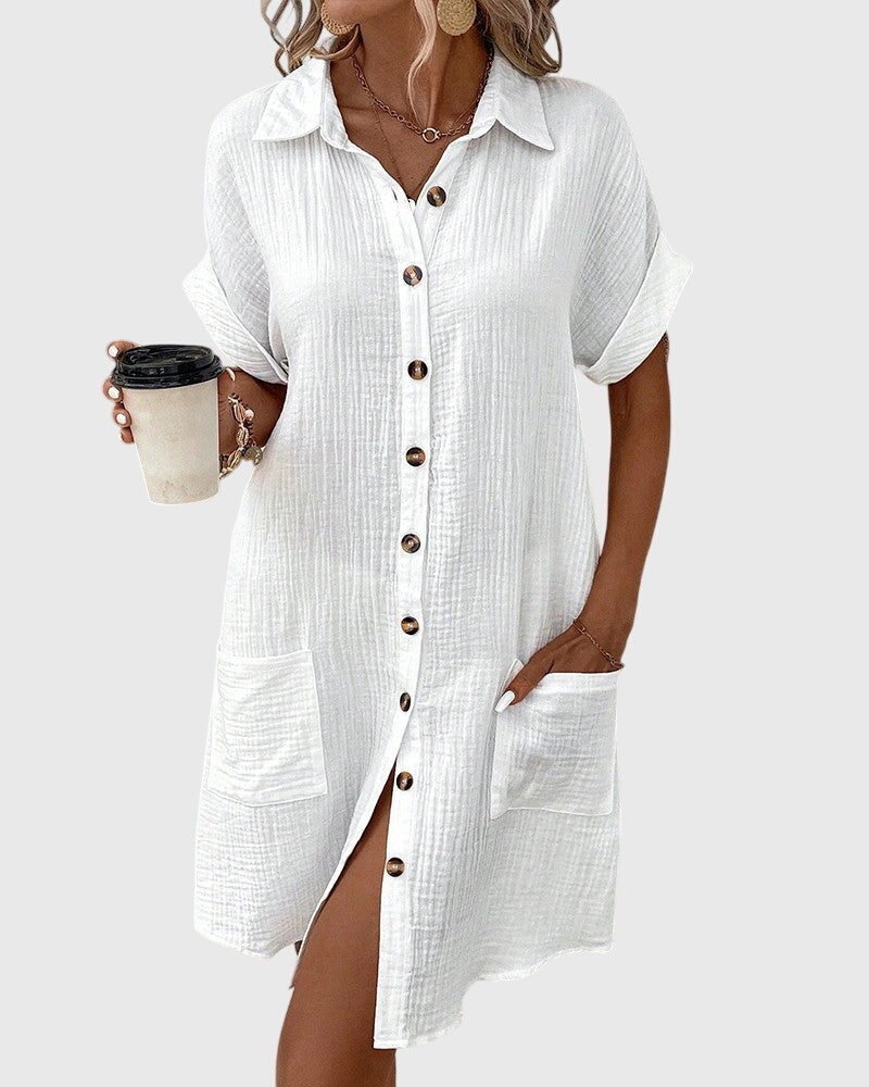 Women's Linen Shirt Dress with Button Front and Pockets