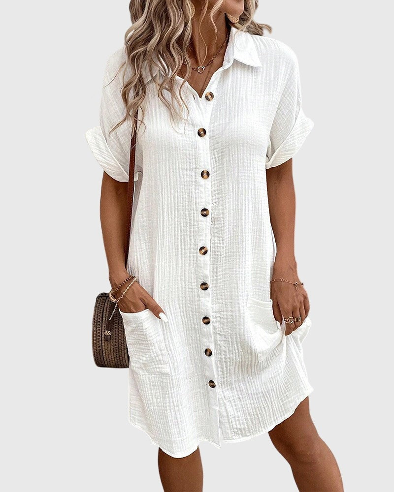 Women's Linen Shirt Dress with Button Front and Pockets