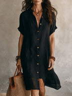 Women's Linen Shirt Midi Dress with Point Collar