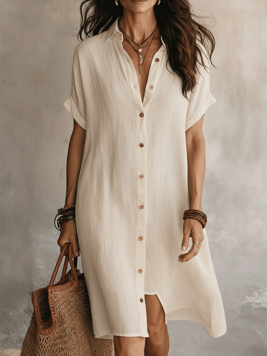 Women's Linen Shirt Midi Dress with Point Collar