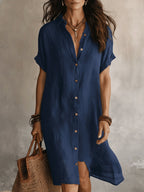 Women's Linen Shirt Midi Dress with Point Collar