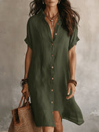 Women's Linen Shirt Midi Dress with Point Collar