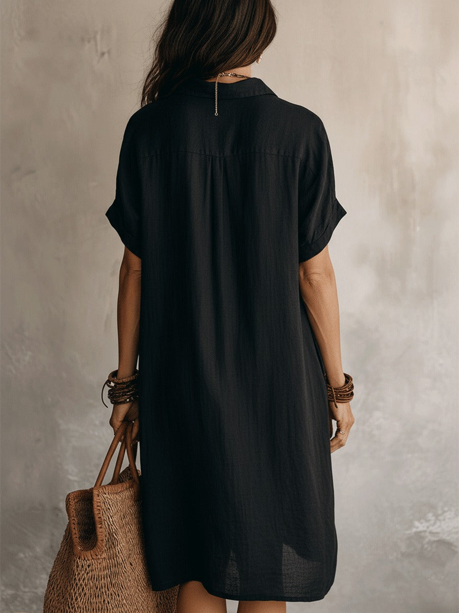 Women's Linen Shirt Midi Dress with Point Collar