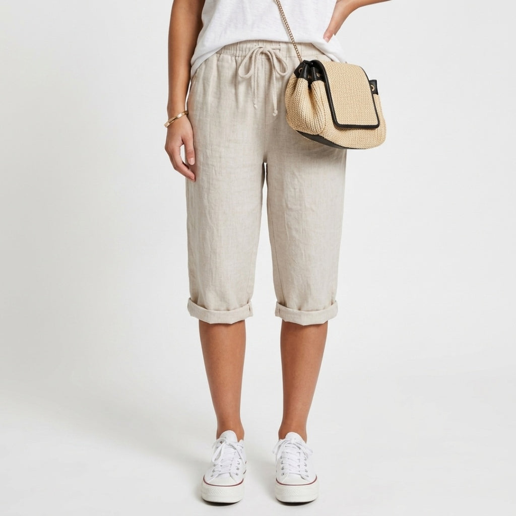 Women's Linen Summer Cropped Trousers with Drawstring Waist