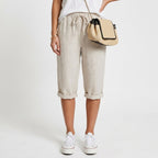 Women's Linen Summer Cropped Trousers with Drawstring Waist