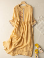 Women's Linen Summer Midi Dress with Embroidered Detail