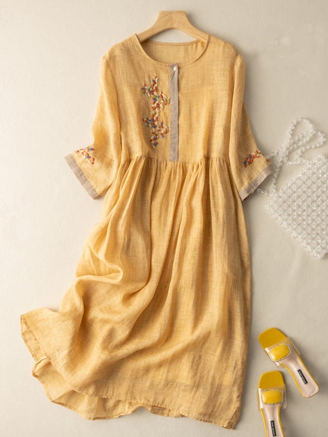 Women's Linen Summer Midi Dress with Embroidered Detail