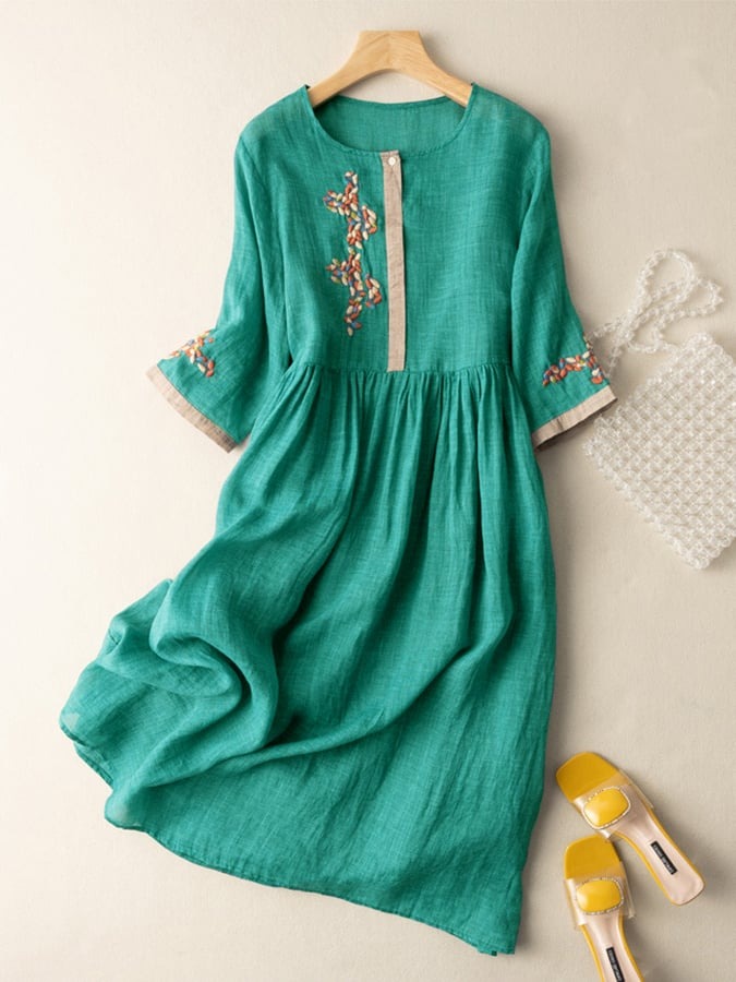 Women's Linen Summer Midi Dress with Embroidered Detail