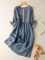 Women's Linen Summer Midi Dress with Embroidered Detail