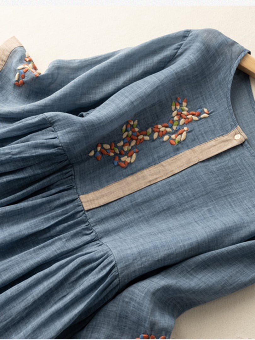 Women's Linen Summer Midi Dress with Embroidered Detail
