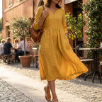 Women's Linen Summer Midi Dress with V-Neck and Pockets
