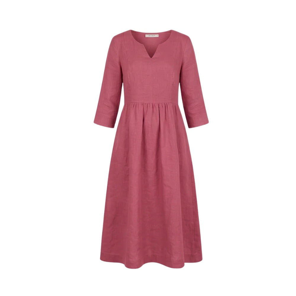 Women's Linen Summer Midi Dress with V-Neck and Pockets