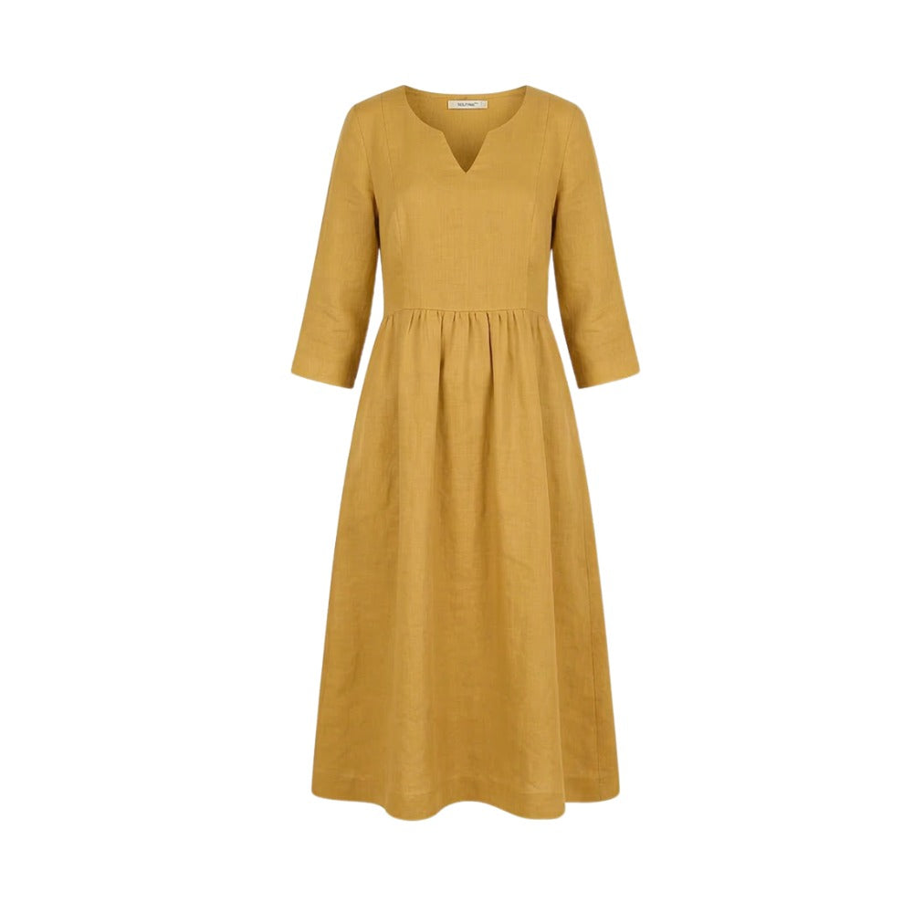 Women's Linen Summer Midi Dress with V-Neck and Pockets