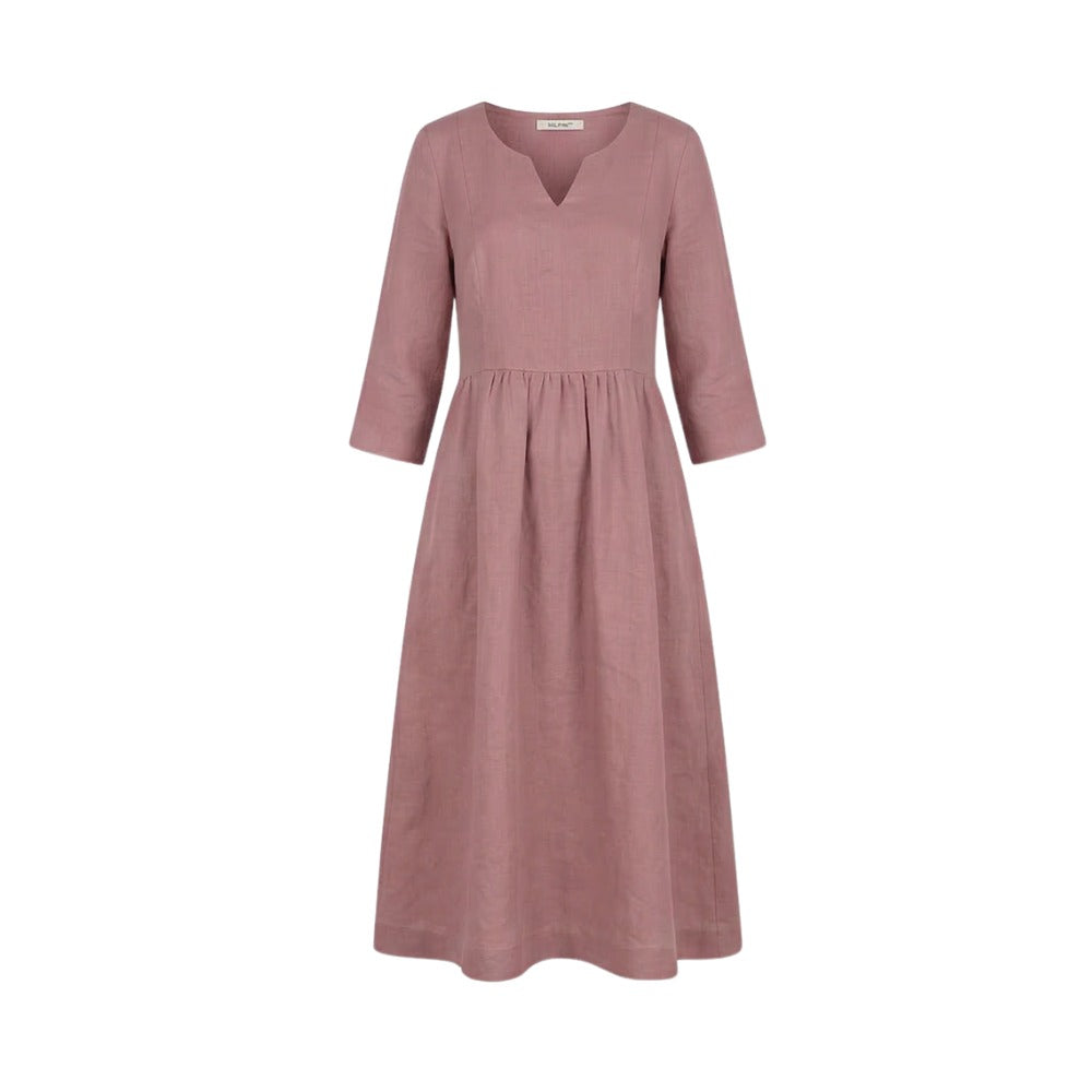 Women's Linen Summer Midi Dress with V-Neck and Pockets
