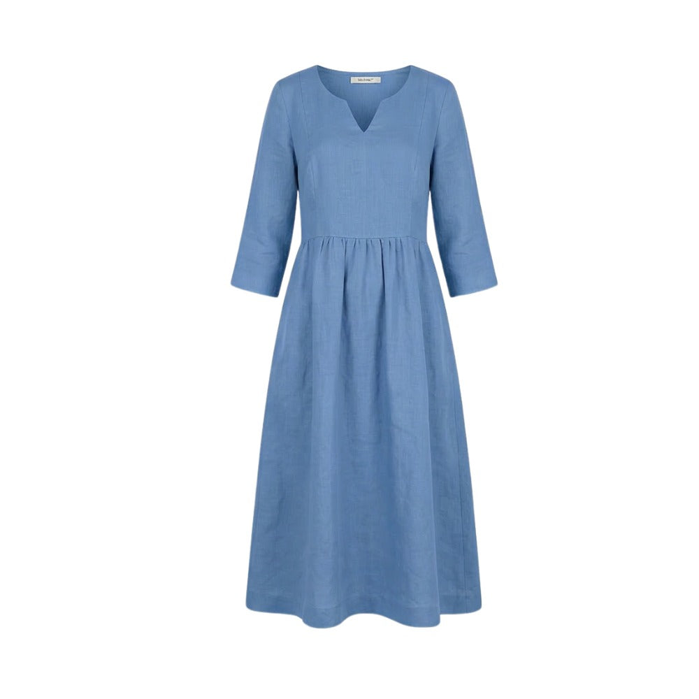 Women's Linen Summer Midi Dress with V-Neck and Pockets