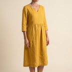 Women's Linen Summer Midi Dress with V-Neck and Pockets