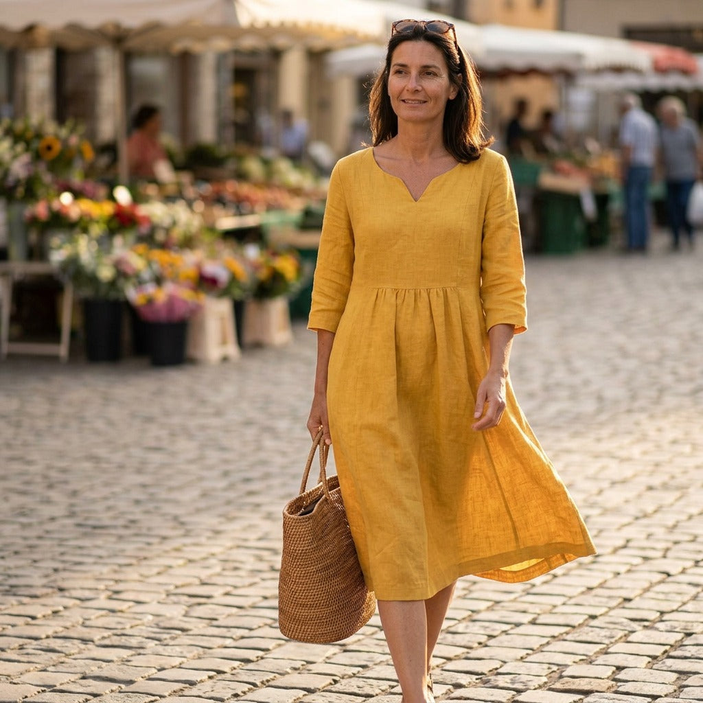 Women's Linen Summer Midi Dress with V-Neck and Pockets