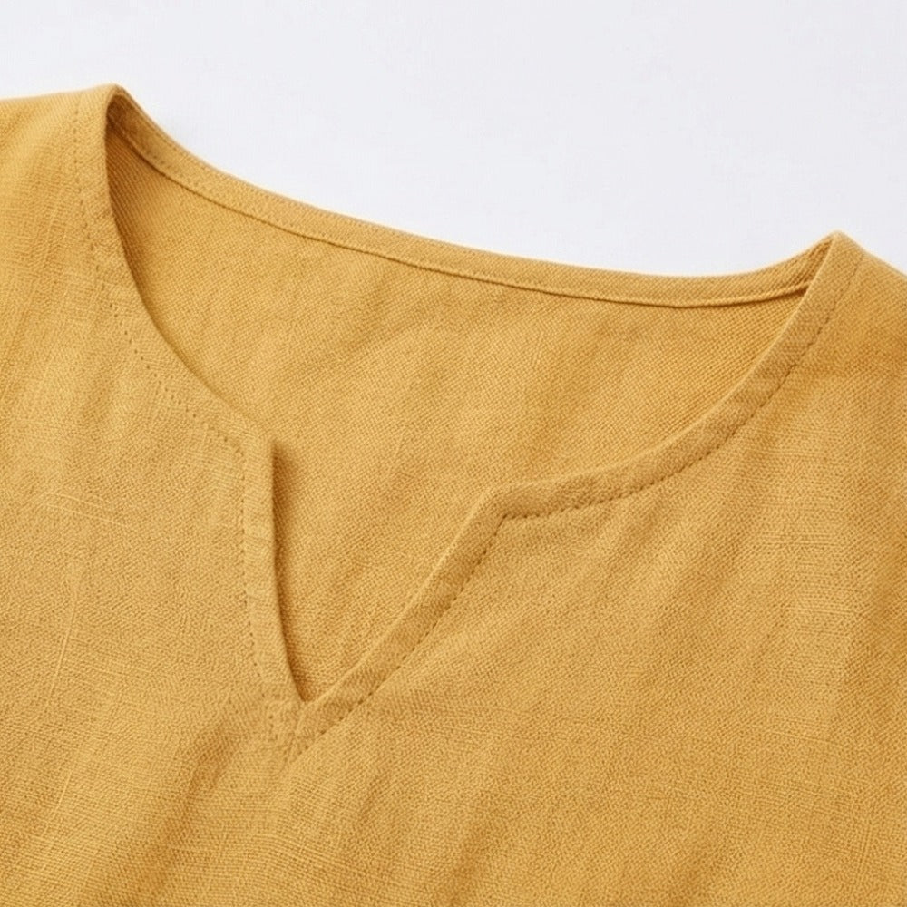 Women's Linen Summer Midi Dress with V-Neck and Pockets