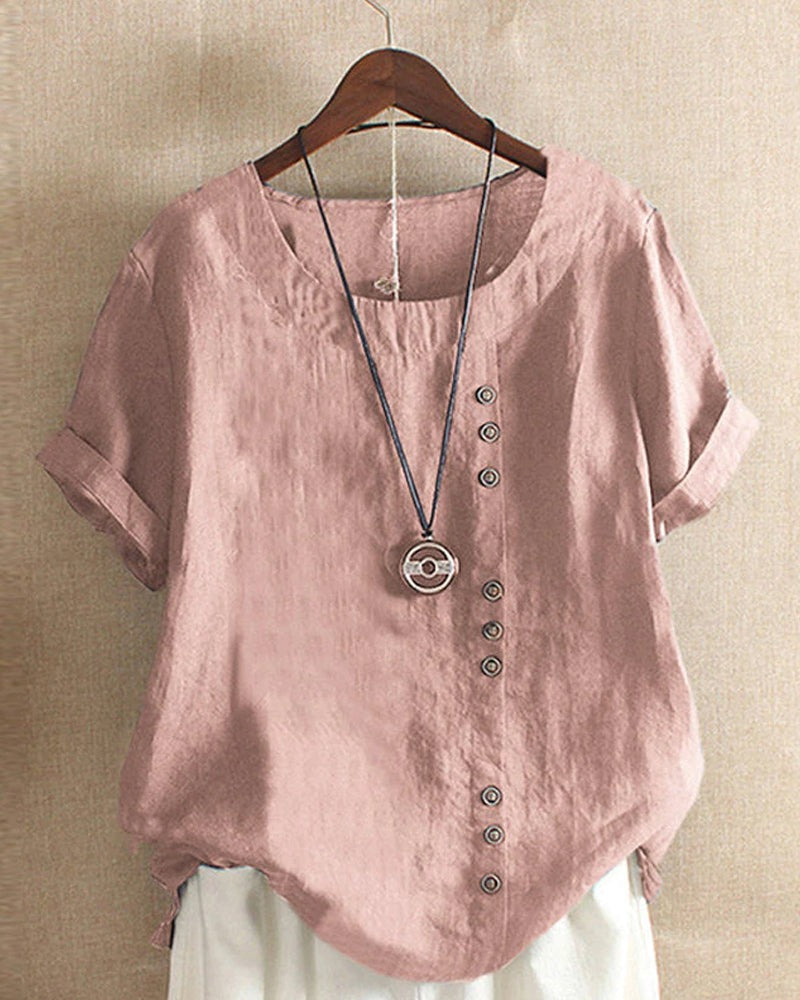 Women's Linen Tunic Blouse with Button Front and Round Neckline