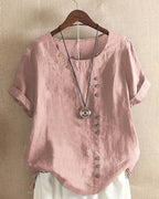 Women's Linen Tunic Blouse with Button Front and Round Neckline