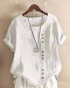 Women's Linen Tunic Blouse with Button Front and Round Neckline