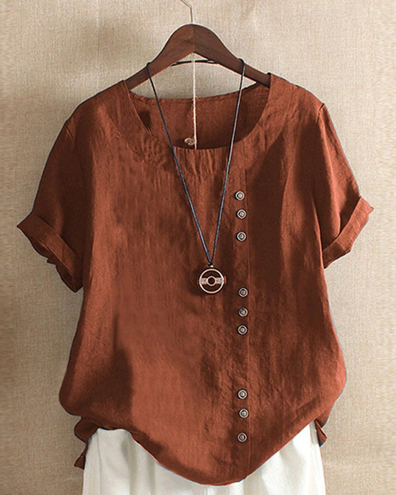 Women's Linen Tunic Blouse with Button Front and Round Neckline