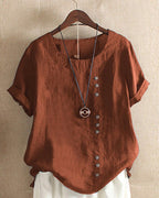 Women's Linen Tunic Blouse with Button Front and Round Neckline