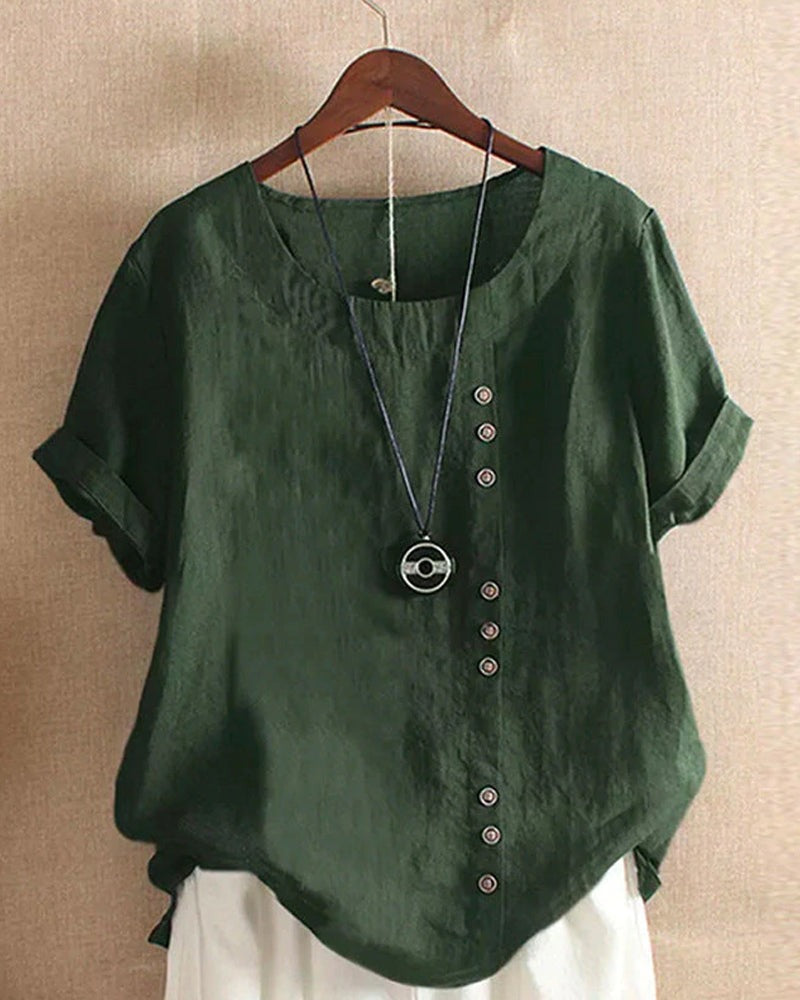 Women's Linen Tunic Blouse with Button Front and Round Neckline