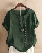 Women's Linen Tunic Blouse with Button Front and Round Neckline